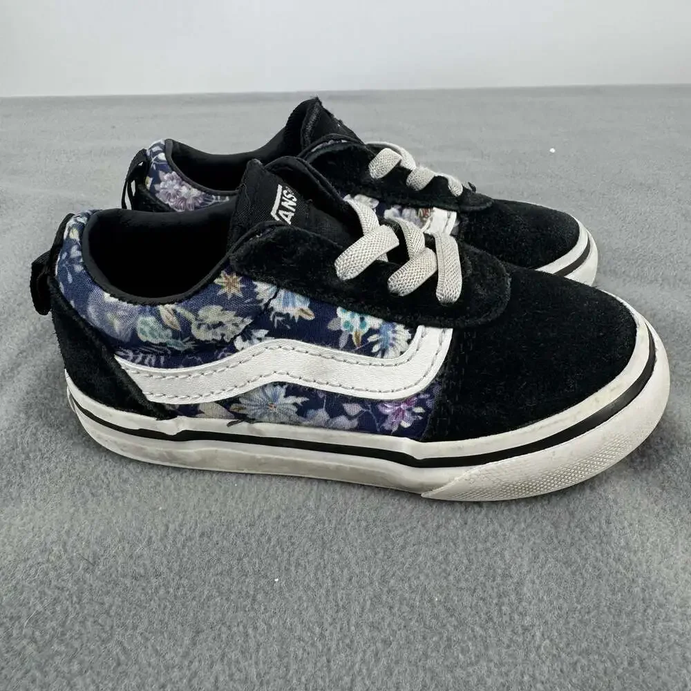 Vans Old Skool V Toddler Size 7 Shoes Black Blue Floral Suede Sneakers